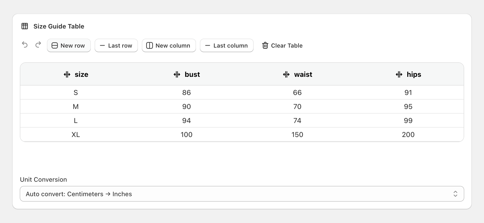 Size Guides App Interface